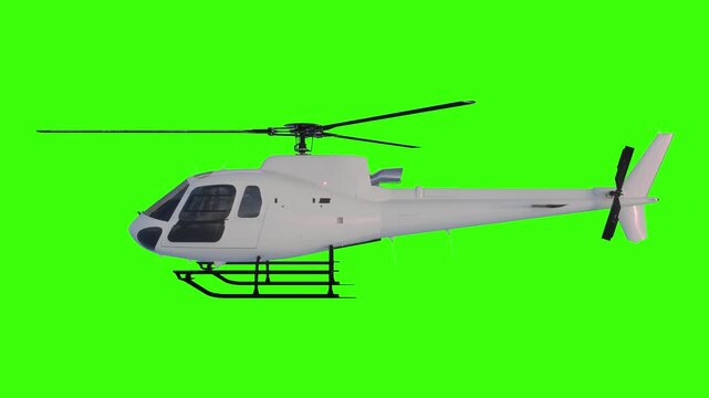 Side View of White Helicopter on Isolated Green Screen Background