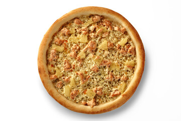 Delicious hawaiian pizza with salmon and pineapple on white background