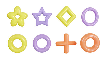 Obraz premium 3d plastic playful elements. Joyous shapes. Circles, tube, cross object, abstract volumetric flower icon, ball. Vector creative graphics. Geometric forms. Cartoon