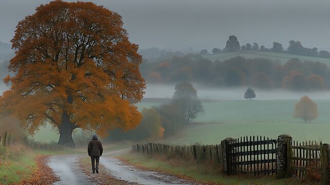 A lone figure walks down a country lane on a misty autumn day.