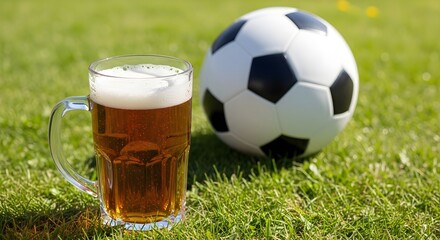 Beer glass mug with fresh light beer or lager on green football field with a ball. Banner concept beer advertising, sponsor of the World Cup, sports event with copyspace.
