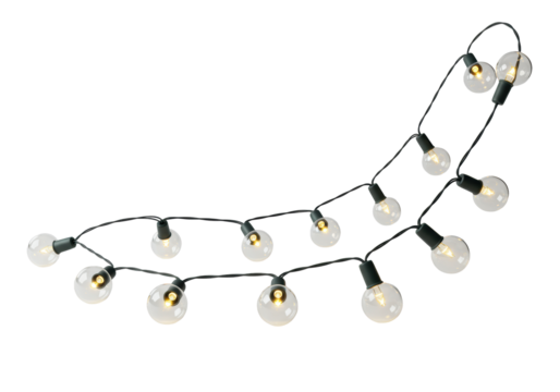 A solitary string of festive fairy lights with clear, globe-shaped bulbs emitting a soft, warm white glow, arranged in a graceful scalloped pattern, isolated on a transparent background with copy - Powered by Adobe