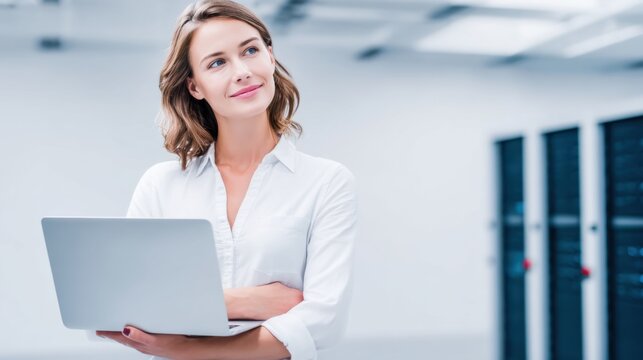 A confident female IT engineer standing with a laptop in a data center