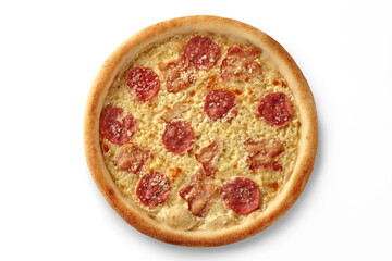 Delicious pizza with salami, bacon and melted cheese on white background