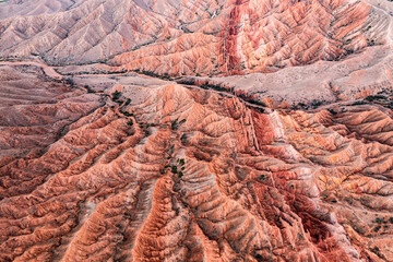 Aerial drone view landscape of Fairy tale Skazka canyon near Issyk-Kul lake in Kyrgyzstan, Central...