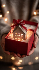 Cozy wooden house lantern gift with red ribbon and bokeh lights red box