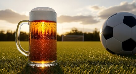 Beer big glass mug with fresh light beer or lager on a green football field with a ball. Banner concept beer advertising, sponsor of the World Cup, sports event with copyspace.