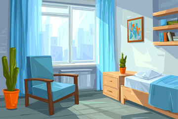 Modern Cozy Bedroom with Large Window and Blue Curtains
