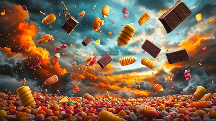 A vibrant candy paradise where sweets cascade from the sky, featuring colorful gummies and chocolate bars against a dramatic, stormy background that evokes a sense of joy.