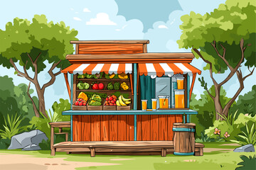 Obraz premium Charming Fruit Stand Surrounded by Lush Greenery and Trees