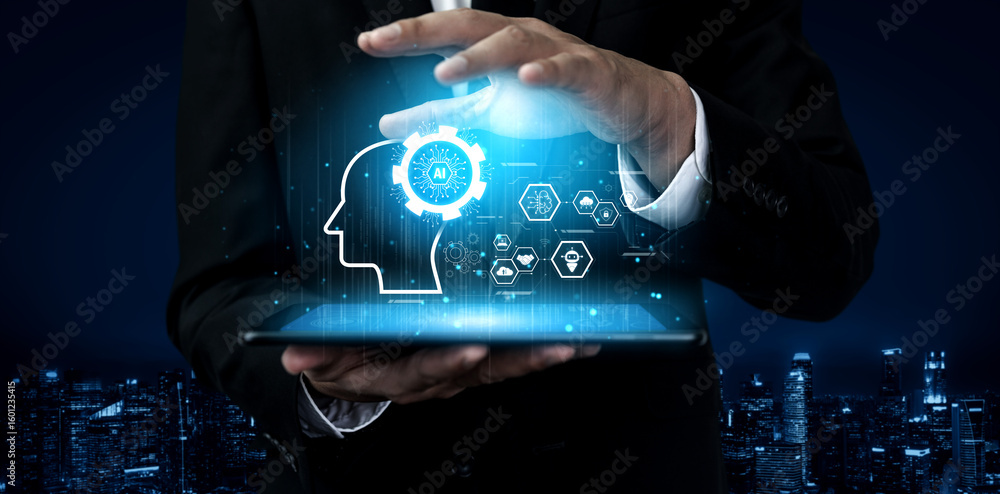 Poster ai integrated with human cognition, supporting decision-making, automation, robotics, data analysis,