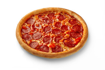 Delicious pepperoni pizza with slices of red pepper on white background