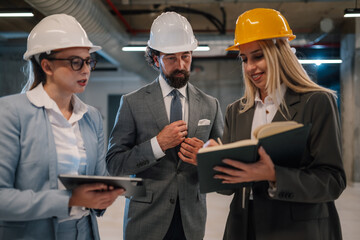 Engineers and investor discussing building project progress at construction site
