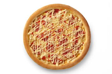 Delicious pizza with ham, grated cheese and mayonnaise on white background