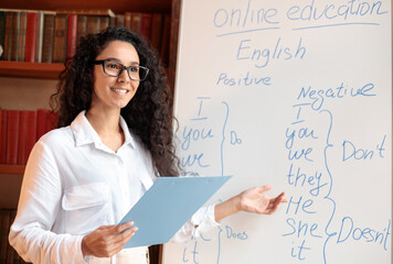 Lecture And Online Education Concept. Portrait of smiling positive young lecturer wearing...