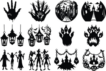 Vector art of a collection of black silhouette icons for halloween including spooky hands paw prints lanterns