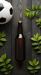 A brown beer bottle with fresh cold beer or lager on a wooden table with a ball. Vertical concept beer advertising, sponsor of the World Cup, sports event with copyspace.