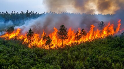 Fototapeta premium Wide shot of a wildfire burning through a pine forest.