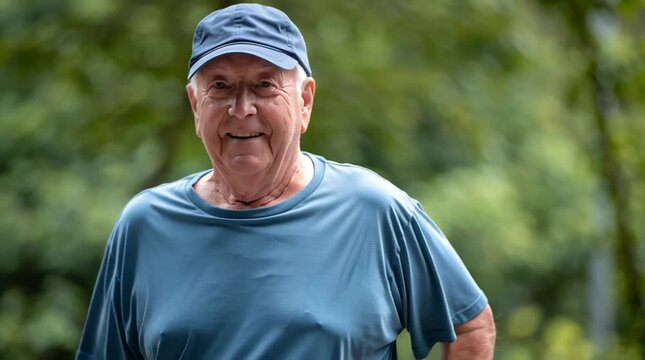 Older man senior citizen living a healthy and active lifestyle doing cardio by jogging and power walking in the park