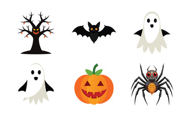 Vector art of a colorful assortment of halloween characters and symbols featuring a spooky tree a flying bat two