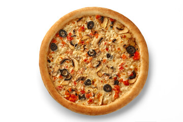 Delicious pizza with mushrooms, black olives, and melted cheese on white background
