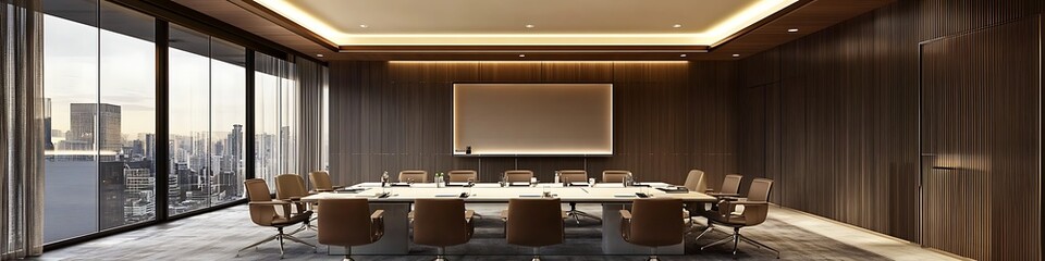 Executive boardroom with glass walls, cutting-edge technology, and leaders engaged in strategic planning.

