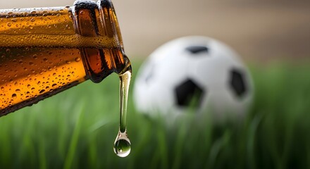 Beer brown bottle with fresh cold beer or lager on a green football field with a ball. Banner concept beer advertising, sponsor of the World Cup, sports event with copyspace.