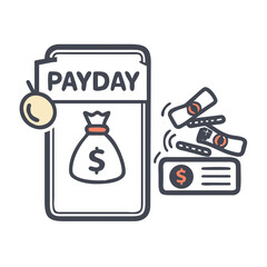 Cartoon Payday Document with Money Bag and Falling Bills.