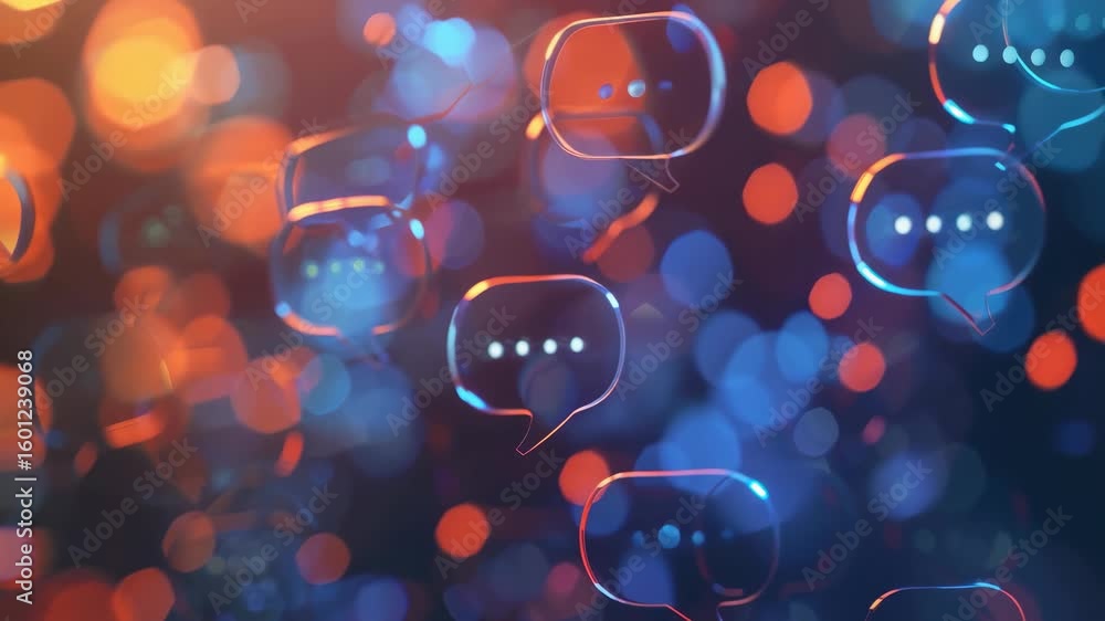 Poster digital bokeh effect of bubble chat symbols with light flares in a blurred background.
