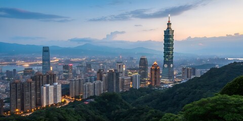 Fototapeta premium Aerial cityscape panorama of Hong Kong and Shanghai skylines at sunset, featuring iconic architecture and towering skyscrapers