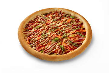 Delicious pizza with salmon, asparagus and teriyaki sauce on white background