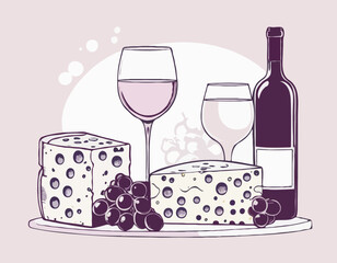Composition of wine glass, bottle, cheese and grape. Sketch style illustration for poster or invitation to party
