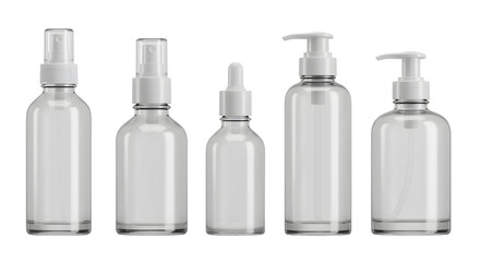 A collection of clear glass bottles with various dispensers arranged in a row, showcasing different sizes and designs