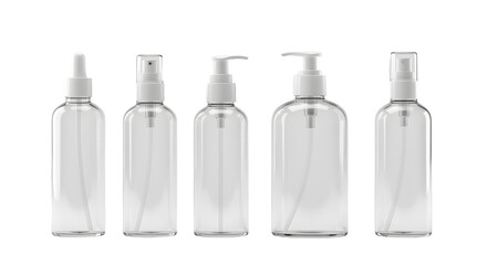 A collection of clear, empty cosmetic bottles arranged in a line, showcasing various shapes and sizes for beauty products