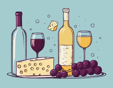 wine bottles, glasses, cheese, grapes on tray clip art preview