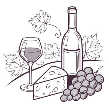 wine bottle, glass, cheese, grapes, black and white clip art preview