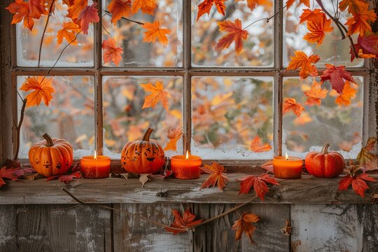 Fototapeta This image captures a cozy window scene featuring carved pumpkins and warm candles, set against a backdrop of vibrant autumn leaves, evoking the spirit of fall festivities beautifully.