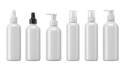 A collection of five minimalist white cosmetic bottles with various dispensing mechanisms, set against a clean, neutral background