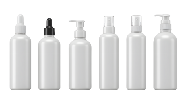 A collection of five minimalist white cosmetic bottles with various dispensing mechanisms, set against a clean, neutral background