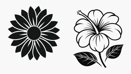 Two stylized floral designs a daisy and a hibiscus in black and white
