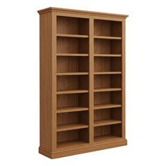 Wooden bookcase with empty shelves isolated on transparent background