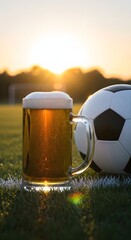 Beer big glass mug with fresh light beer or lager on a green football field with a ball. Vertical concept beer advertising, sponsor of the World Cup, sports event with copyspace.
