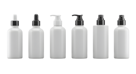 A collection of six sleek, white cosmetic bottles arranged in a row, showcasing different dispensing mechanisms against a neutral background
