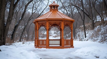 Ornate wooden gazebo in a snowy park.
