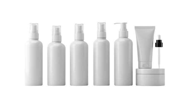 A collection of six minimalist white cosmetic bottles arranged in a line, showcasing various sizes and designs for skincare products