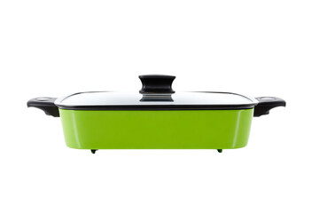 a green casserole with a lid on a white background
