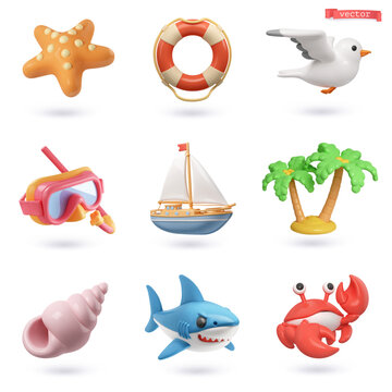 Sea 3d cartoon vector icon set