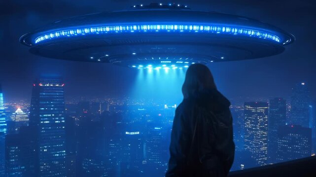 Silhouetted observer captures massive glowing UFO hovering above nighttime city, illuminating skyscrapers with intense blue light beam. Dramatic cityscape with tall buildings under alien spacecraft.