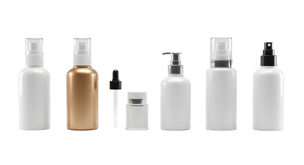 A collection of various cosmetic and skincare bottles arranged neatly on a white background, showcasing different shapes and sizes