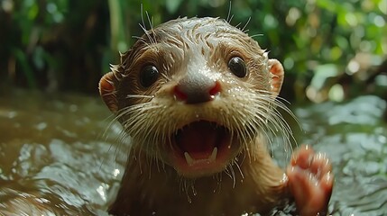 A playful baby otter in a shallow stream.